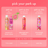 Dry shampoo products with features and usage instructions on a pink background
