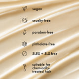 texture swipe of the amika soulfood mask. Text: "vegan. cruelty free. paraben free. phthalate-free. SLES + SLS-free. suitable for chemically-treated hair."