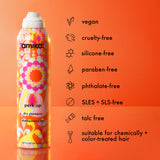 Amika dry shampoo can with features listed on an orange background