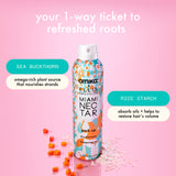 your 1-way ticket to refreshed roots: amika x Ellis Brooklyn MIAMI NECTAR perk up dry shampoo has sea buckthorn - omega-rich plant source that nourishes strands and rice starch - absorbs oils + helps to restore hair's volume. 