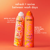 perk up dry shampoo and soulstruck nourishing dry hair mask, stand side by side on an orange-pink background. text reads: refresh + revive between wash days. spray perk up on roots to refresh + add volume. spray soulstruck on mid-lengths to ends to soften + revive.