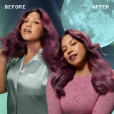 Before and after comparison of a woman with purple hair against a moonlit sky background.