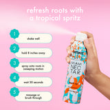 refresh roots with a tropical spritz. how to use amika x Ellis Brooklyn MIAMI NECTAR perk up dry shampoo: 1. shake well. 2. hold 8 inches away. 3. spray onto roots in sweeping motion. 4. wait 30 seconds. 5. massage or bush through. 