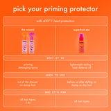 Product comparison chart for 'the wizard' priming detangling spray and 'superfruit star' lightweight styling oil on an orange background.