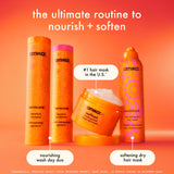 amika's signature collection appears against an orange-pink gradient background. text reads: the ultimate routine to nourish + soften. normcore shampoo + codnitioner are a nourishing wash day duo. soulfood is #1 hair mask in the u.s.* according to circana/U.S. Prestige Beauty Tool Measure Marketing, circa 2024. soulstruck is our new softening dry hair mask.