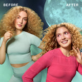 Before and after comparison of a woman with curly hair against a moonlit sky background.