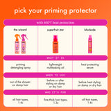 a chart titled "pick your priming protector" all have 450°F heat protection. 1. the wizard-  what it is: priming detangling spray, when to use: out of the shower on damp hair, who it's for: all hair types, 1-4c. 2. superfruit star- what it is: lightweight multitasking oil, when to use: before or after styling on damp or dry hair, who it's for: fine-thick hair types 1-3c. 3. blockade- what it is: heat protecting serum. when to use: before heat styling on damp or dry hair. who it's for: all hair types, 1-4c.