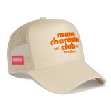 beige cap with orange text. text reads 'mane character club est brooklyn 2007' on a transparent background.