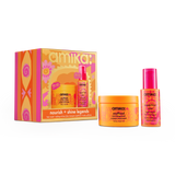 Amika Nourish + Shine Legends hair care set featuring a bright orange and pink patterned gift box, a matching orange jar, and a pink-capped bottle on a clean white background.