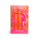 Amika Soft Hair Stars bestsellers set in its original packaging, featuring two orange hair products and a smaller bottle against a vibrant pink and orange patterned box.