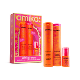 Amika Soft Hair Stars bestsellers set featuring three orange haircare products in front of their colorful pink and orange retail box on a white background.