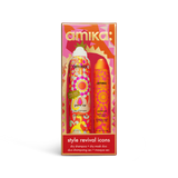 Amika Style Revival Icons gift set containing a pink and orange patterned dry shampoo can and a matching orange dry mask bottle, presented in a red and pink geometric box.