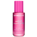 A bottle of amika:aura Emotional Support Spray hair and body mist in a vibrant pink translucent bottle with a matching ribbed cap, shown on a solid white background.