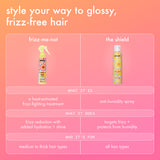 Product comparison chart for 'frizz-me-not' and 'the shield' hair care products on a pink gradient background.