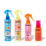 image of 4 full-size hero treatment products. from left to right: hydro rush leave-in conditioner, frizz-me-not treatment, wizard, and superfruit star.