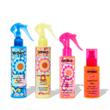 image of 4 full-size hero treatment products. from left to right: hydro rush leave-in conditioner, frizz-me-not treatment, wizard silicone-free, and superfruit star.
