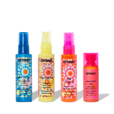 image of 4 travel-size hero treatment products. from left to right: hydro rush leave-in conditioner, frizz-me-not treatment, wizard silicone-free, and superfruit star.