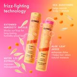 Amika 'forget frizz' shampoo and conditioner with product features on a pink and orange gradient background.