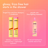 Amika shampoo and conditioner bottles with text on a pink gradient background