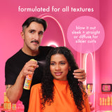 Person using a hair product on another person with text about product use on a pink background