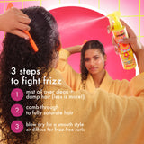 Woman applying hair product with text on how to fight frizz, against a pink background