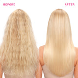 Before and after comparison of blonde hair with a straight style on a white background.