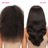 Before and after comparison of hair transformation with a person wearing a beige top.