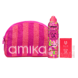 amika x Ellis Brooklyn limited-edition perk up GUAVA GRANITA dry shampoo bundle set, featuring a pink striped makeup pouch. products against a cream background. 
