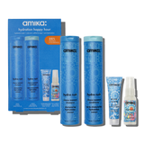 amika hydration happy hour hydration wash + care set. hydro rush intense moisture shampoo + conditioner, dream routine overnight hydration treatment mask, and hydro rush intense moisture leave-in conditioner.