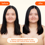 before + after image: model shown with hair styled before and after using amika superfruit star styling oil. Text reads: "Katrina applied superfruit star to damp hair before blow drying"