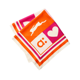 image of amika's satin hair scarf. scarf is white with patterns in amika's signature pink and orange. 