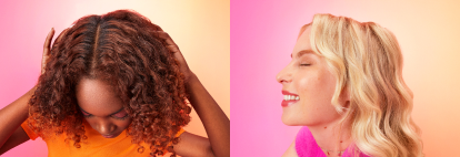 a model with brown curly hair and a model with blond wavy hair above the title get to know your hair and a button for the hair quiz