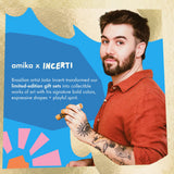 Promotional graphic featuring a man in a rust-red shirt holding a small object, with large text reading 'amika x INCERTI' and descriptive copy about Brazilian artist João Incerti and collectible art. The design uses bold blue, gold, pink, and orange shapes on a white background.
