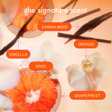 amika fragrance infographic: text: "the signature scent". image of ingredients: sandalwood, orchid, vanilla, rose, grapefruit