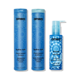 image of amika hydro rush intense moisture shampoo and conditioner 275 ml / 9.2 fl oz bottles and dream routine overnight hydration treatment. 