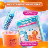 A promotional image for Amika's 'Mask Quest' set against a colorful sky with floating orange balloons. The text at the top reads 'Dry Strands? Game Over' in an orange and white gradient banner. The image features two products: Dream Routine Overnight Hydration Treatment, labeled 'hydrate + soften overnight,' and Soulfood Nourishing Mask, labeled 'deeply condition + nourish in the shower.' Both products are shown alongside the blue and orange packaging box 