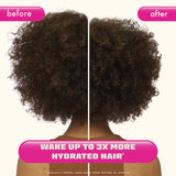 A side-by-side image showing the back view of a person with curly hair before and after using a hydrating product. The left side (before) shows frizzier, less defined curls, while the right side (after) shows more defined, hydrated curls. The top corners are labeled 'before' and 'after' in pink. A pink and white banner at the bottom reads 'Wake Up to 3x More Hydrated Hair.