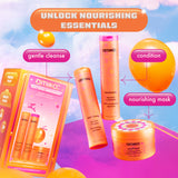 A promotional image for Amika's 'Next-Level Nourishment' set, featuring the products displayed against a vibrant background with orange balloons. The text at the top reads 'Unlock Nourishing Essentials.' The image highlights the products' benefits: 'gentle cleanse' with Normcore Signature Shampoo, 'condition' with Normcore Signature Conditioner, and 'nourishing mask' with Soulfood Nourishing Mask. The packaging box is shown on the left.