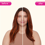 Side-by-side image showing a woman with red hair before and after using the Soulfood Nourishing Mask. The left side (before) shows slightly frizzy, less shiny hair, while the right side (after) shows smoother, shinier, and more vibrant hair. A pink and white banner at the bottom reads ‘Soulfood Nourishing Mask.