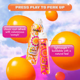 A promotional image for Amika's Perk Up dry shampoo products against a vibrant background with orange balloons. The text at the top reads 'Press Play to Perk Up.' The image features two products: Perk Up Dry Shampoo, labeled 'classic root refresh with voluminous "oomph",' and Perk Up Plus, labeled 'lightweight + buildable with a natural feel.'