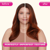 Side-by-side image showing a woman with red hair before and after using the Soulfood Nourishing Mask. The left side (before) shows slightly frizzy, less shiny hair, while the right side (after) shows smoother, shinier, and more vibrant hair. A pink and white banner at the bottom reads ‘Soulfood Nourishing Mask.