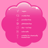 A graphic shaped like a pink cloud with a glossy finish, listing the benefits of Amika products. The text inside the cloud reads: 'vegan,' 'cruelty-free,' 'paraben-free,' 'phthalate-free,' 'sles + sls free,' 'color-safe,' and 'suitable for chemically treated hair.' Each benefit is accompanied by a simple white icon representing the respective attribute, such as a leaf for vegan and a test tube for suitable for chemically treated hair. The background is a solid pink color.