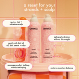 a reset for your strands + scalp. featured from left to right is: the reset clarifying gel shampoo which revives hair and refreshes the scalp. It also gently rids hair of oil, dirt, sweat, and odor, all while removing product buildup without stripping your strands. Next is the reset cooling gel conditioner which helps deliver hydration without the weight and restores moisture balance. 