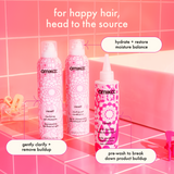 for happy hair, head to the source. featured from left to right is: the reset clarifying gel shampoo, which gently clarifies and removes buildup. Next, the reset cooling gel conditioner helps hydrate and restore moisture balance. Finally, the reset pink charcoal scalp cleansing oil is a pre-wash that helps break down product build up. 