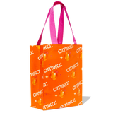 image of an amika premium small tote bag with a logo and sea buckthorn berry print. the bag is a rectangle shopping tote shape with an orange background, white logo and stars, and a pink handle. 