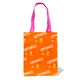 image of an amika premium small tote bag with a logo and sea buckthorn berry print. the bag is a rectangle shopping tote shape with an orange background, white logo and stars, and a pink handle. 