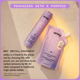 infographic: packaging with a purpose. why refill-pouches? amika is a friend to the planet and by choosing this refill-pouch, you are too! these lower carbon emissions by 98.4%* when compared to traditional, virgin plastic bottles. *when used for 1 year, compared to our traditional HDPE packaging.