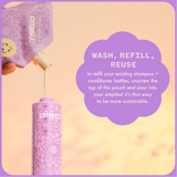 infographic: wash, refill, reuse. to refill your existing shampoo + conditioner bottles, unscrew the top of this pouch and pour info your empties! it's that easy to be more sustainable.